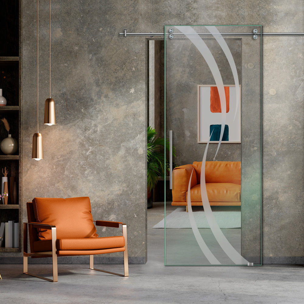SLIDING GLASS BARN DOOR WITH FROSTED DESIGNS V2000 SGF1 - 0641 - DoorDiscounter