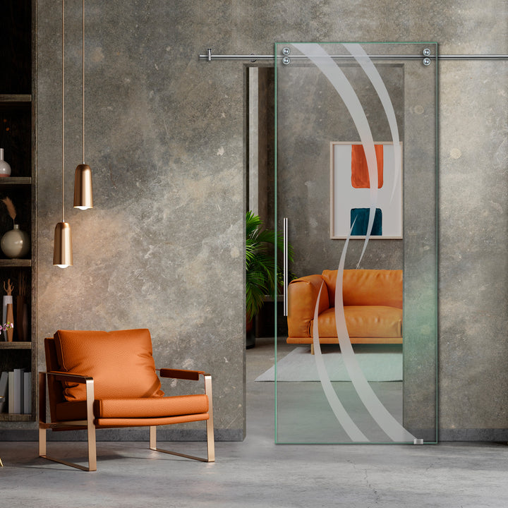 SLIDING GLASS BARN DOOR WITH FROSTED DESIGNS V2000 SGF1 - 0641 - DoorDiscounter