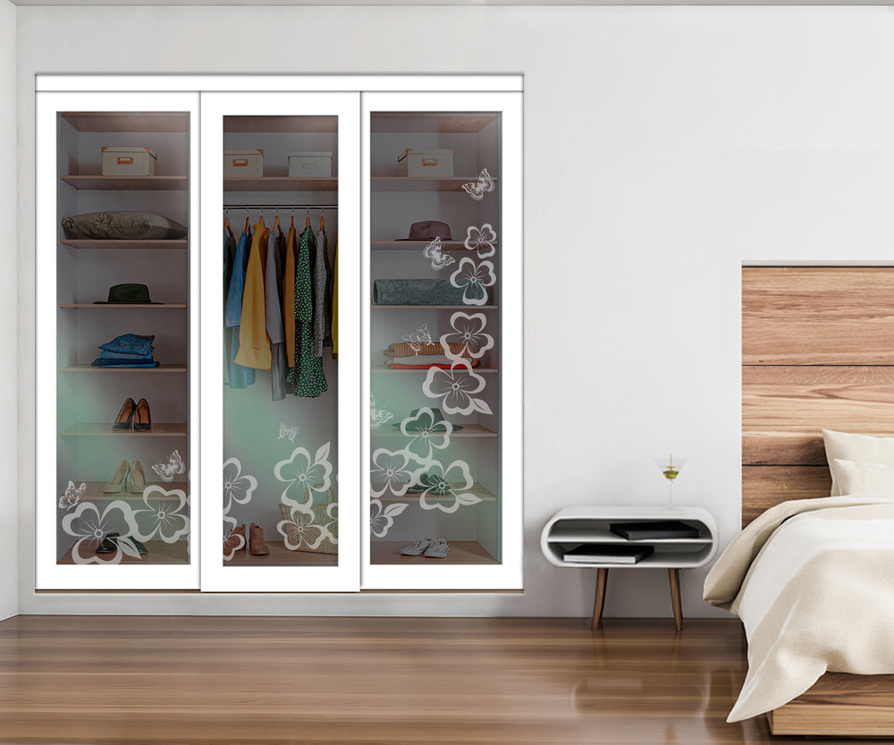 White Bypass Closet Door with Sandblasted Design Tempered Glass Panel Plg3 - 3886 - DoorDiscounter