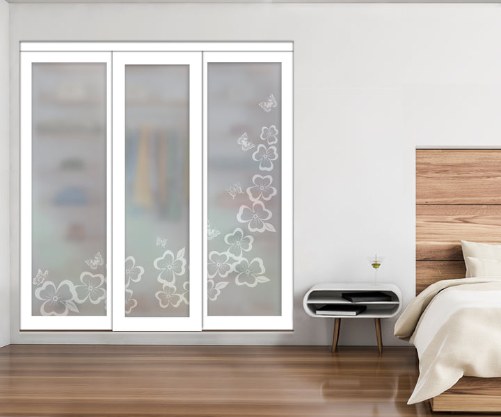 White Bypass Closet Door with Sandblasted Design Tempered Glass Panel Plg3 - 3886 - DoorDiscounter
