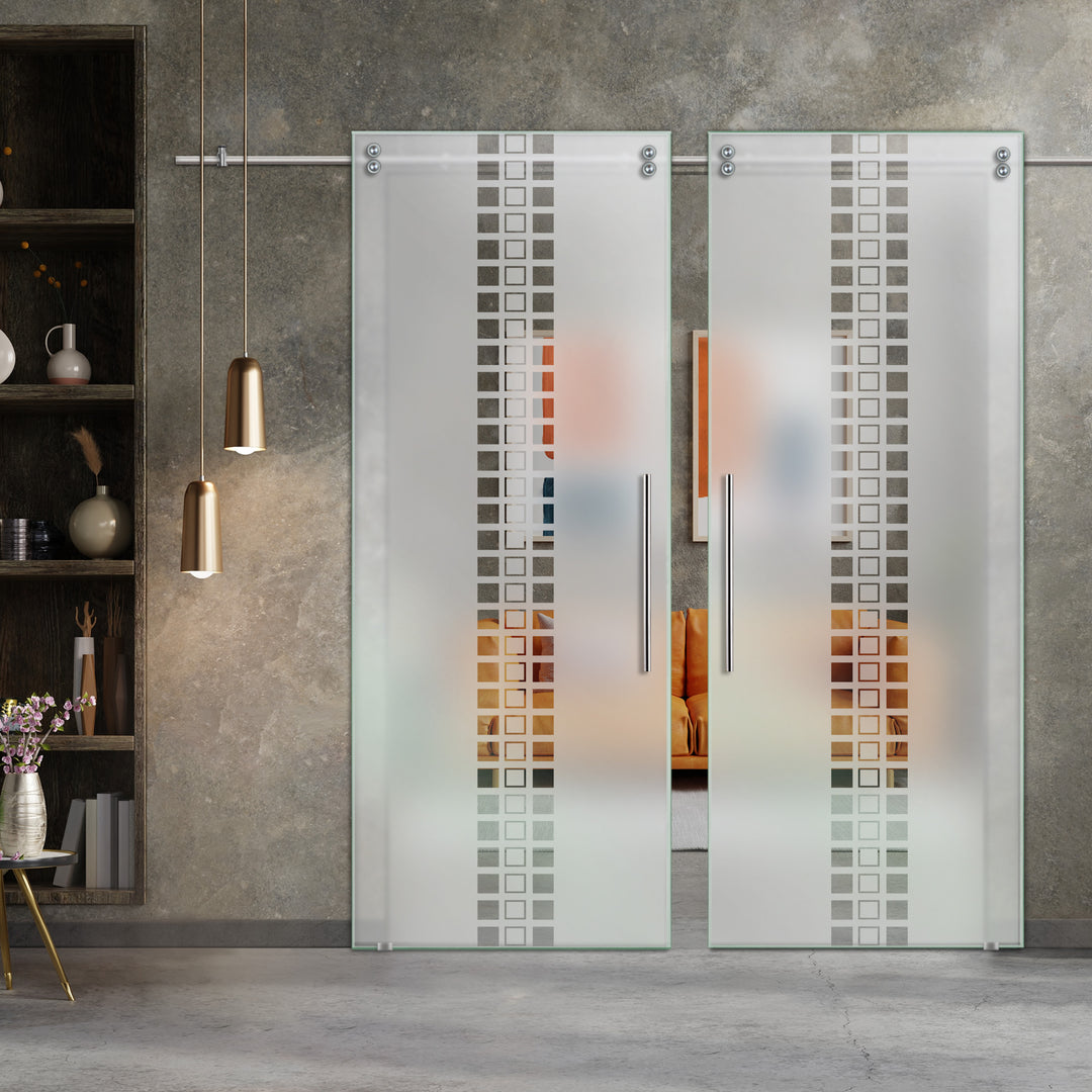 Double Sliding Glass Barn Door With Frosted Designs V2000 Sgf2 - 0751 - DoorDiscounter