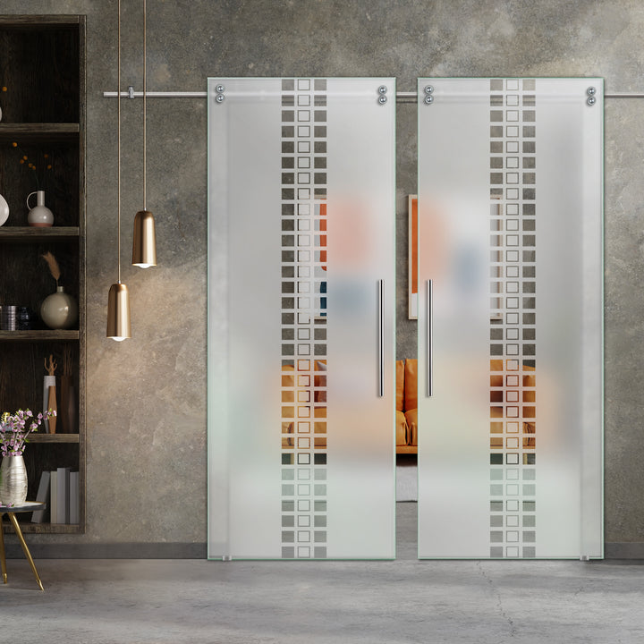 Double Sliding Glass Barn Door With Frosted Designs V2000 Sgf2 - 0751 - DoorDiscounter