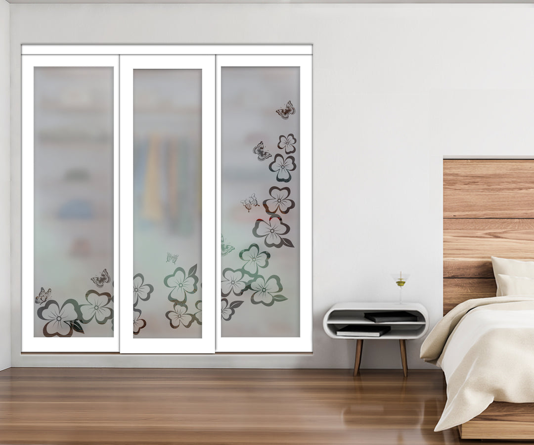 White Bypass Closet Door with Sandblasted Design Tempered Glass Panel Plg3 - 3886 - DoorDiscounter