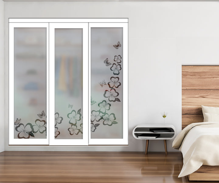 White Bypass Closet Door with Sandblasted Design Tempered Glass Panel Plg3 - 3886 - DoorDiscounter