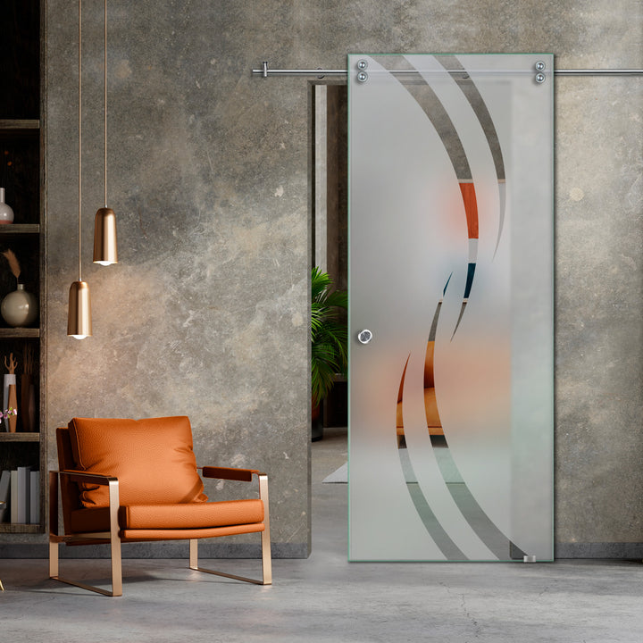 SLIDING GLASS BARN DOOR WITH FROSTED DESIGNS V2000 SGF1 - 0641 - DoorDiscounter