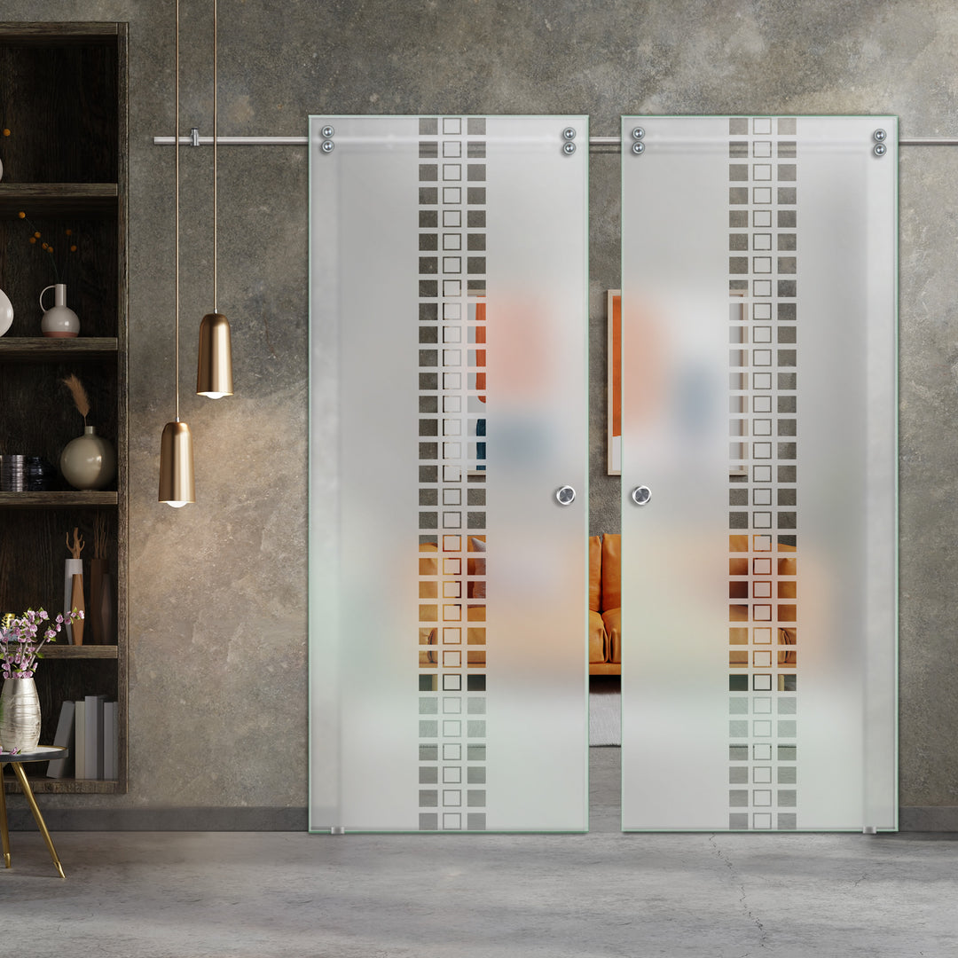 Double Sliding Glass Barn Door With Frosted Designs V2000 Sgf2 - 0751 - DoorDiscounter