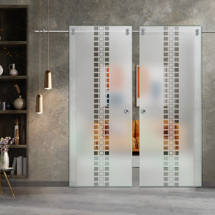 Double Sliding Glass Barn Door With Frosted Designs V2000 Sgf2 - 0751 - DoorDiscounter