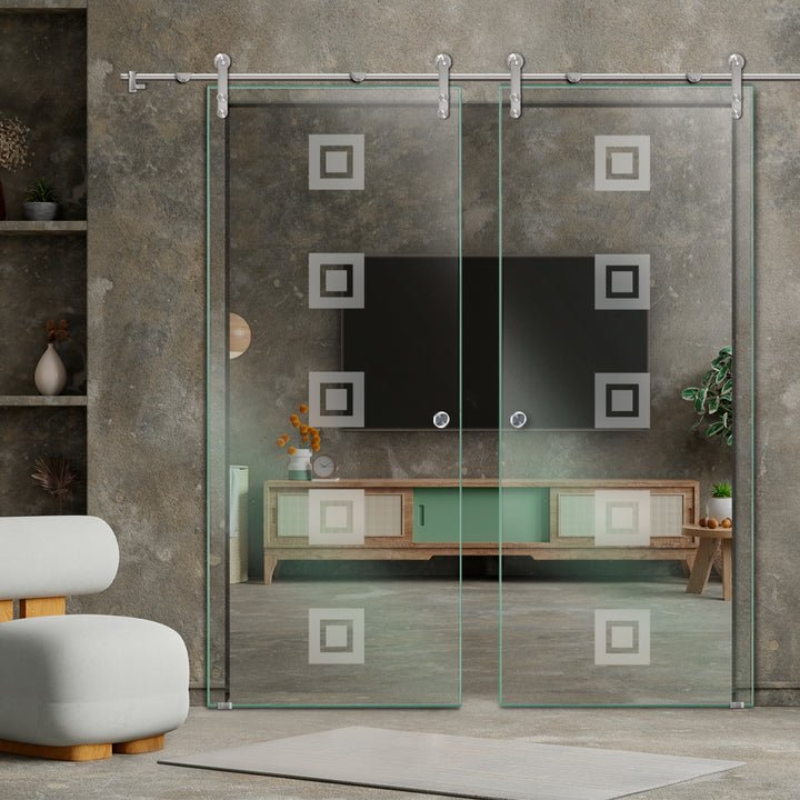 DOUBLE GLASS SLIDING BARN DOOR WITH DESIGN V1000 DSBD - 1739 - DoorDiscounter