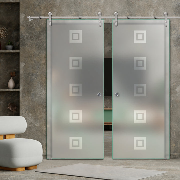 DOUBLE GLASS SLIDING BARN DOOR WITH DESIGN V1000 DSBD - 1739 - DoorDiscounter