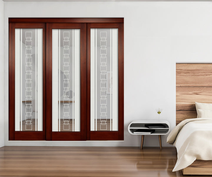 3-Leaf Bypass Sliding Closet Door with Mirror Effect and Frosted Geometric Design Mecd - 0198
