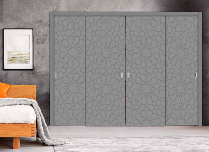 4 Leaf Bypass Sliding Closet Door with Modern Engraved Design & Hardware Kit 4SCD- 0076 - DoorDiscounter