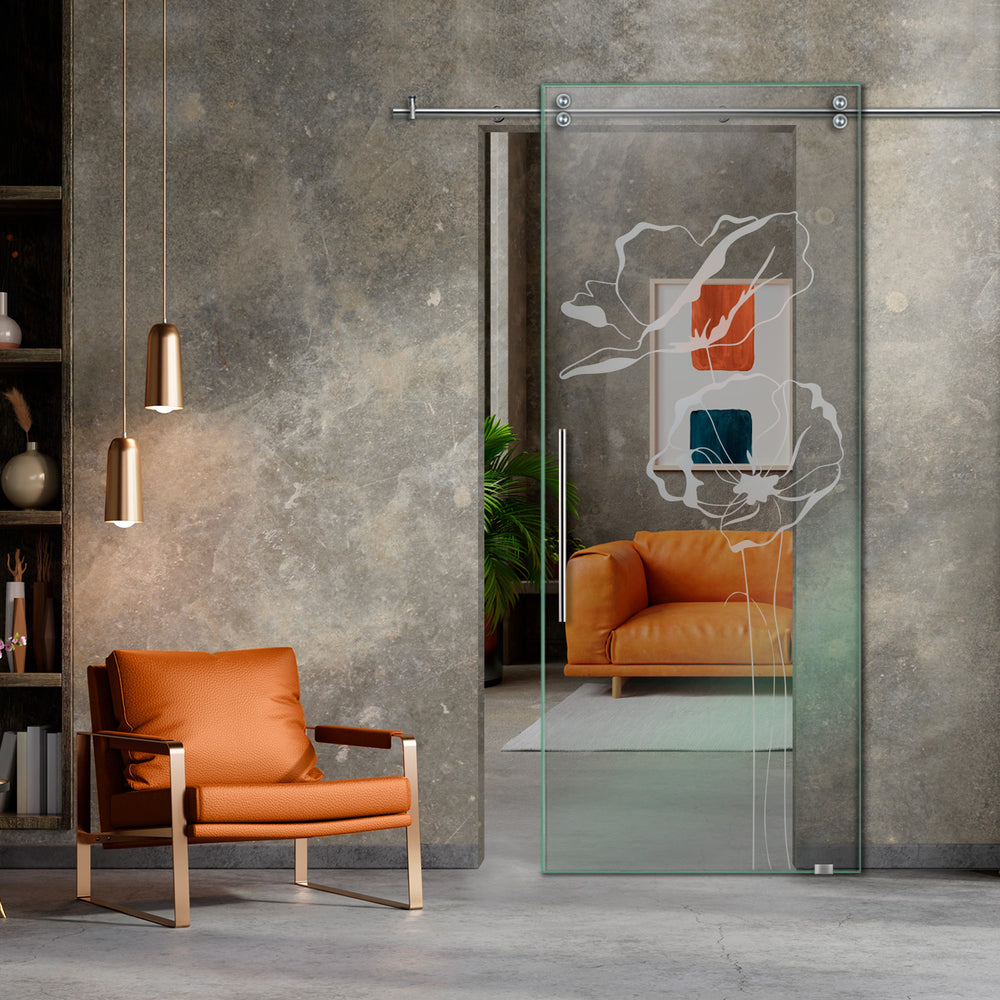SLIDING GLASS BARN DOOR WITH FROSTED DESIGNS V2000 SGF1 - 0643 - DoorDiscounter