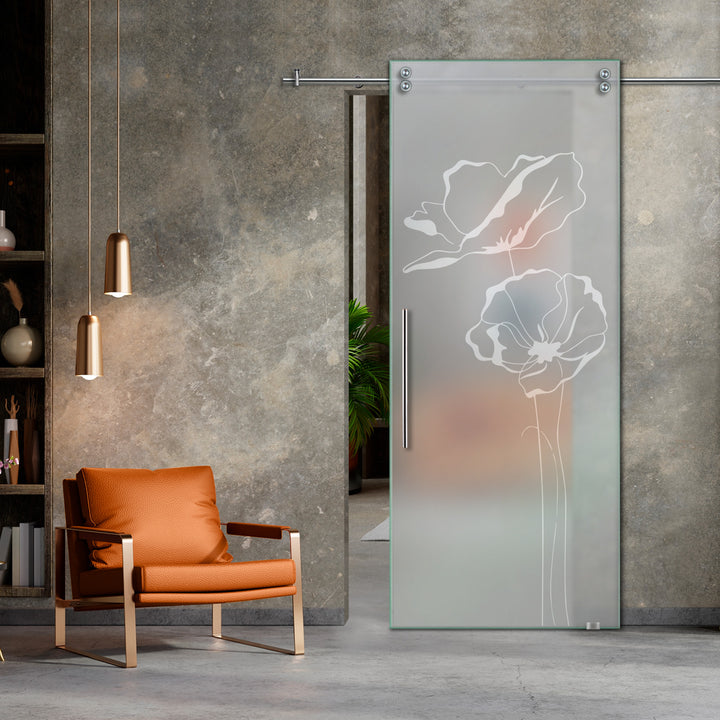 SLIDING GLASS BARN DOOR WITH FROSTED DESIGNS V2000 SGF1 - 0643 - DoorDiscounter
