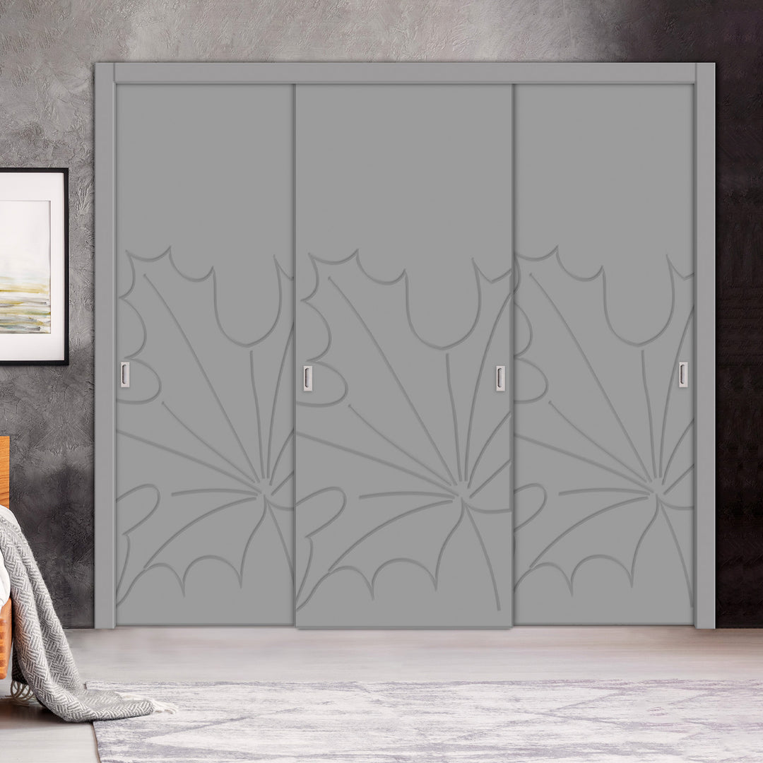 3 Leaf Bypass Sliding Closet Door with Modern Engraved Design & Hardware Kit 3SCD- 0123 - DoorDiscounter