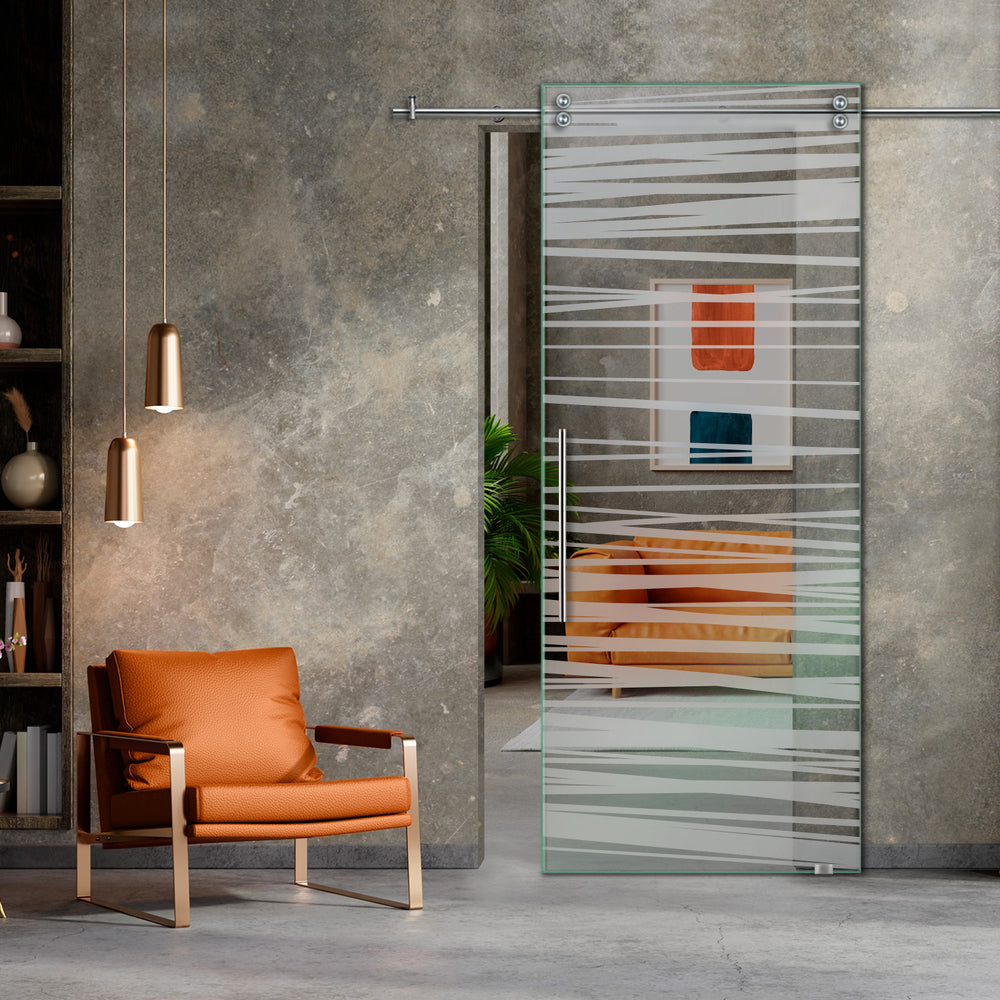 SLIDING GLASS BARN DOOR WITH FROSTED DESIGNS V2000 SGF1 - 0644 - DoorDiscounter