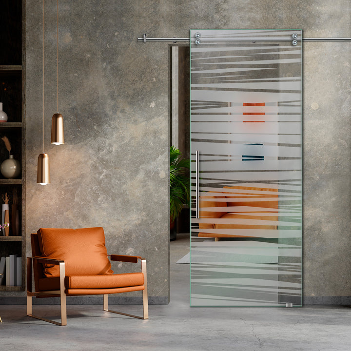 SLIDING GLASS BARN DOOR WITH FROSTED DESIGNS V2000 SGF1 - 0644 - DoorDiscounter