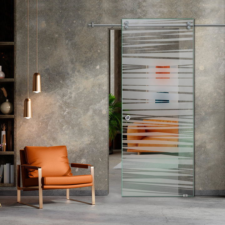SLIDING GLASS BARN DOOR WITH FROSTED DESIGNS V2000 SGF1 - 0644 - DoorDiscounter