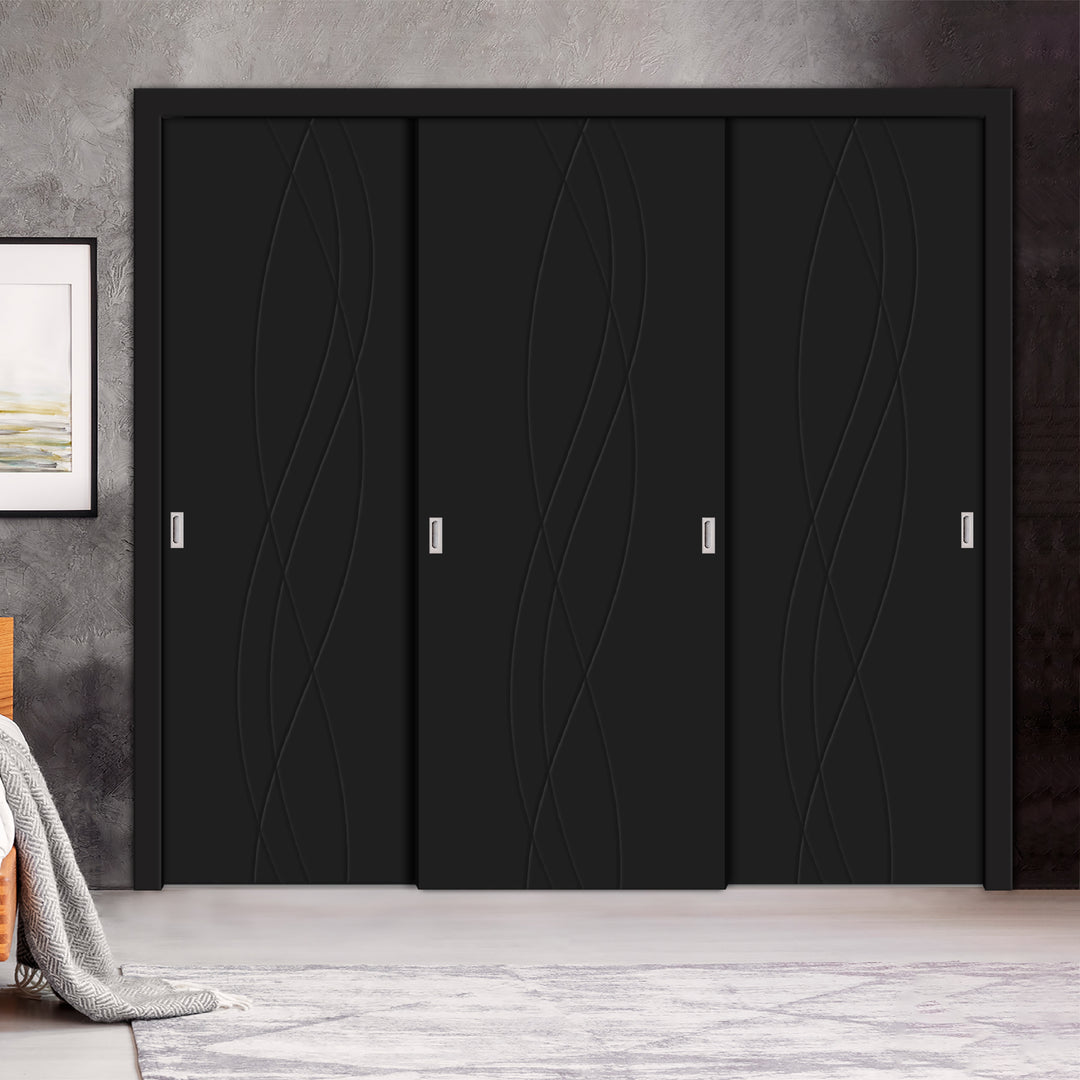 3 Leaf Bypass Sliding Closet Door With Modern Engraved Design & Hardware Kit 3Scd- 0131 - DoorDiscounter