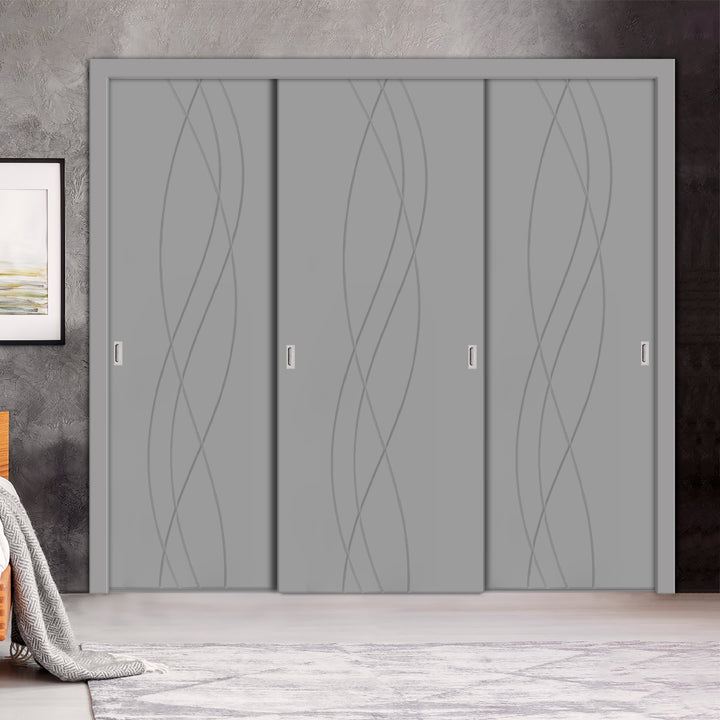 3 Leaf Bypass Sliding Closet Door With Modern Engraved Design & Hardware Kit 3Scd- 0131 - DoorDiscounter