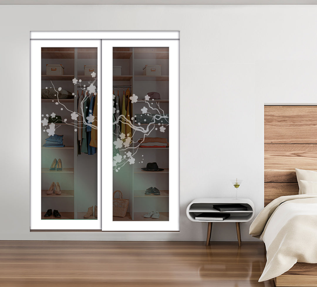 White Bypass Closet Door with Sandblasted Design Tempered Glass Panel Plg2 - 2706 - DoorDiscounter