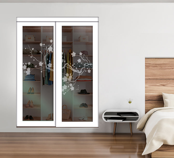 White Bypass Closet Door with Sandblasted Design Tempered Glass Panel Plg2 - 2706 - DoorDiscounter