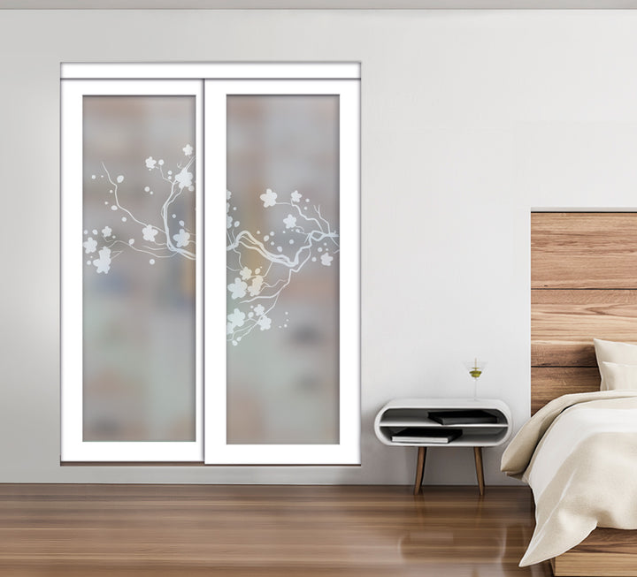 White Bypass Closet Door with Sandblasted Design Tempered Glass Panel Plg2 - 2706 - DoorDiscounter