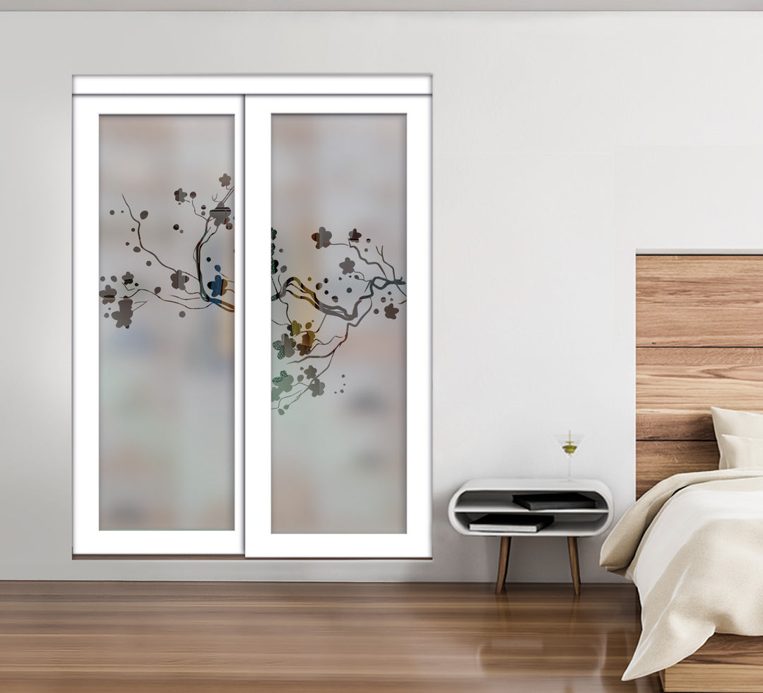 White Bypass Closet Door with Sandblasted Design Tempered Glass Panel Plg2 - 2706 - DoorDiscounter