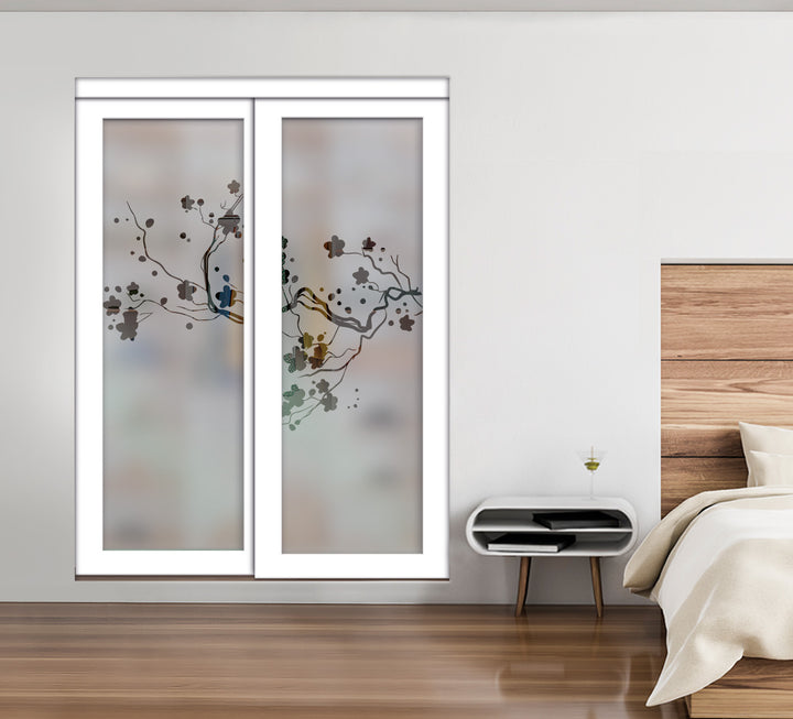 White Bypass Closet Door with Sandblasted Design Tempered Glass Panel Plg2 - 2706 - DoorDiscounter