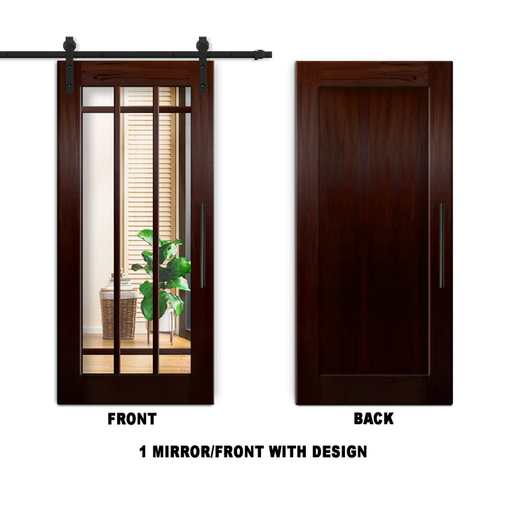9 LITE SOLID WOOD SLIDING BARN DOOR WITH MIRROR PANEL SWSD - 1198 - DoorDiscounter