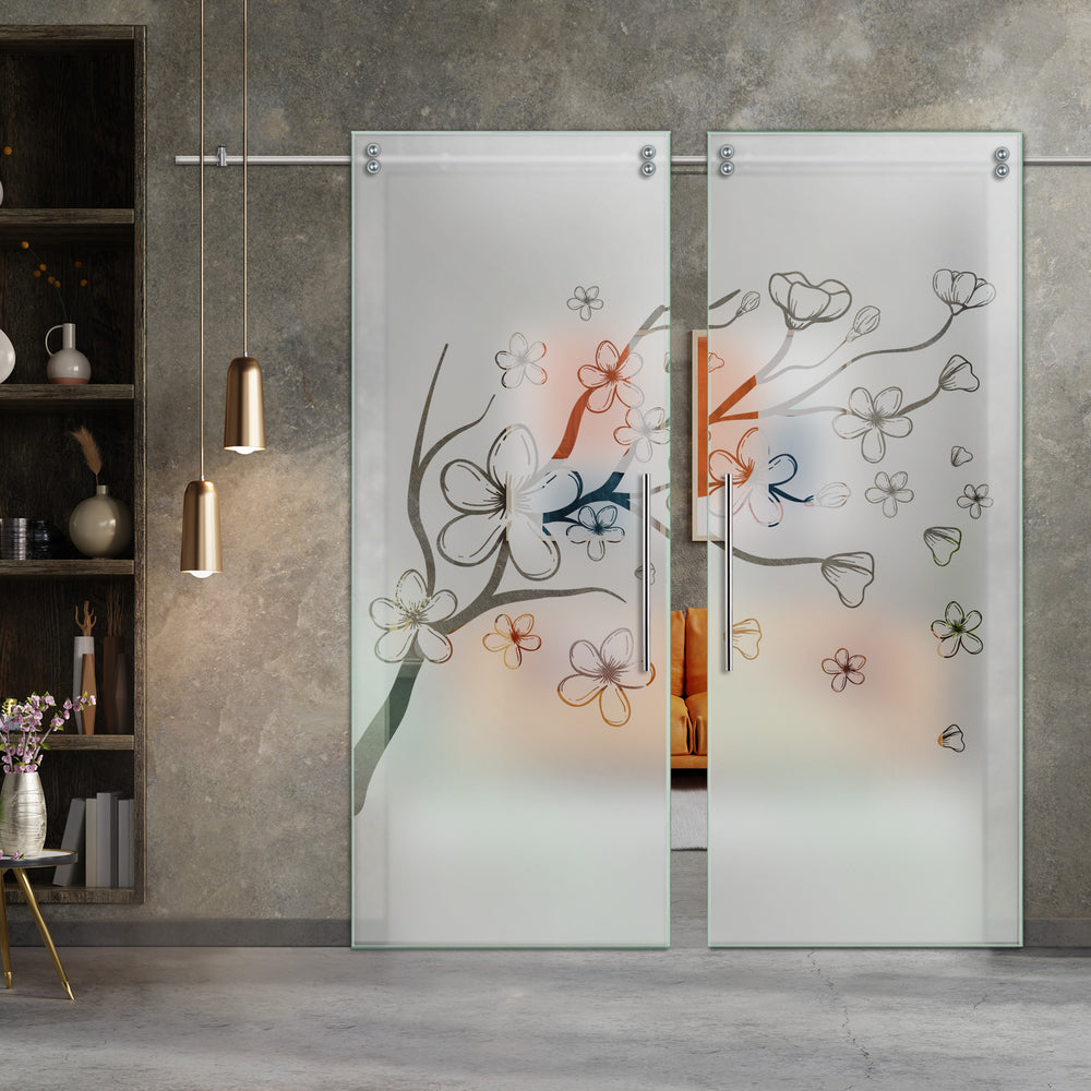 Double Sliding Glass Barn Door With Frosted Designs V2000 Sgf2 - 0755 - DoorDiscounter