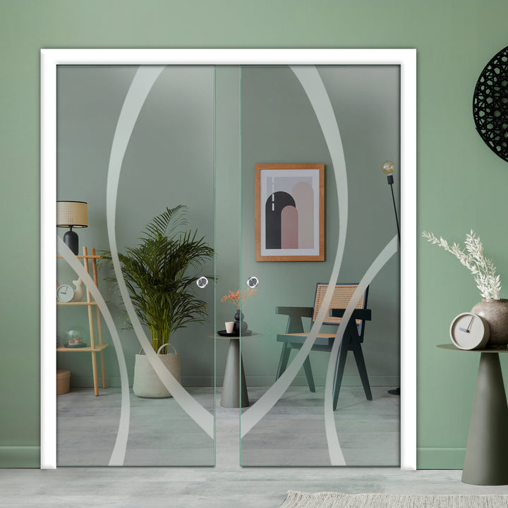 DOUBLE SLIDING POCKET GLASS DOOR WITH TRACK SYSTEM DPTS - 2638 - DoorDiscounter