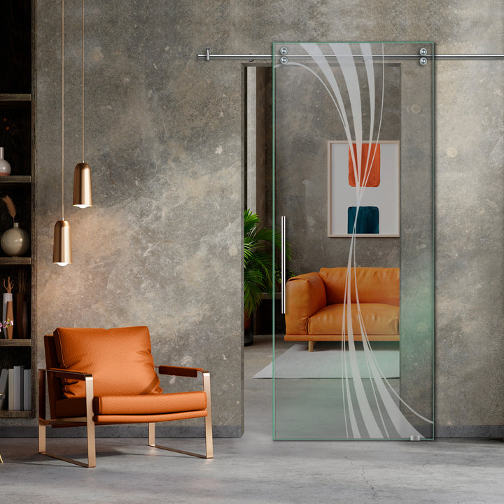 SLIDING GLASS BARN DOOR WITH FROSTED DESIGNS V2000 SGF1 - 0646 - DoorDiscounter