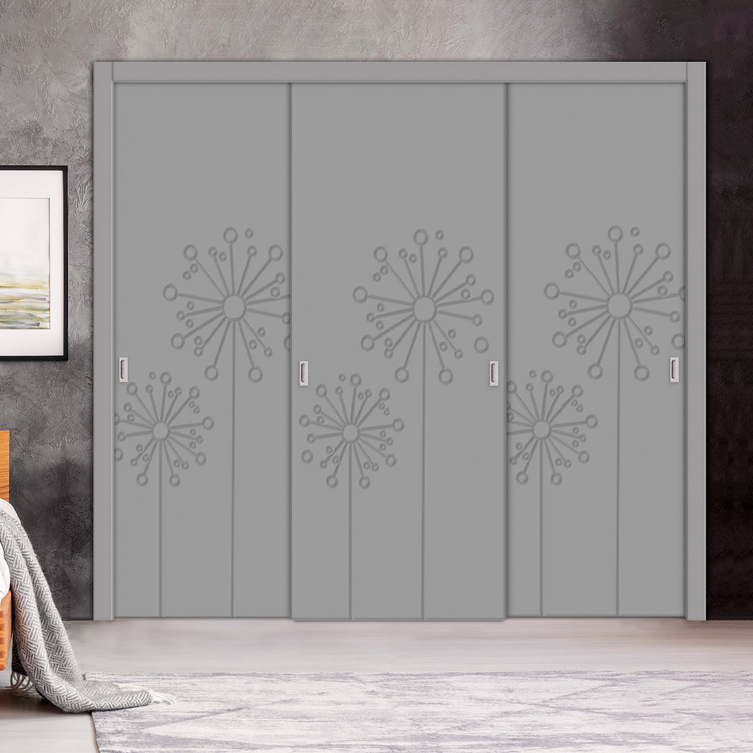 3 Leaf Bypass Sliding Closet Door with Modern Engraved Design & Hardware Kit 3SCD- 0127 - DoorDiscounter