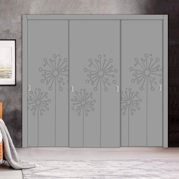 3 Leaf Bypass Sliding Closet Door with Modern Engraved Design & Hardware Kit 3SCD- 0127 - DoorDiscounter