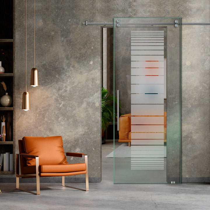 SLIDING GLASS BARN DOOR WITH FROSTED DESIGNS V2000 SGF1 - 0647 - DoorDiscounter