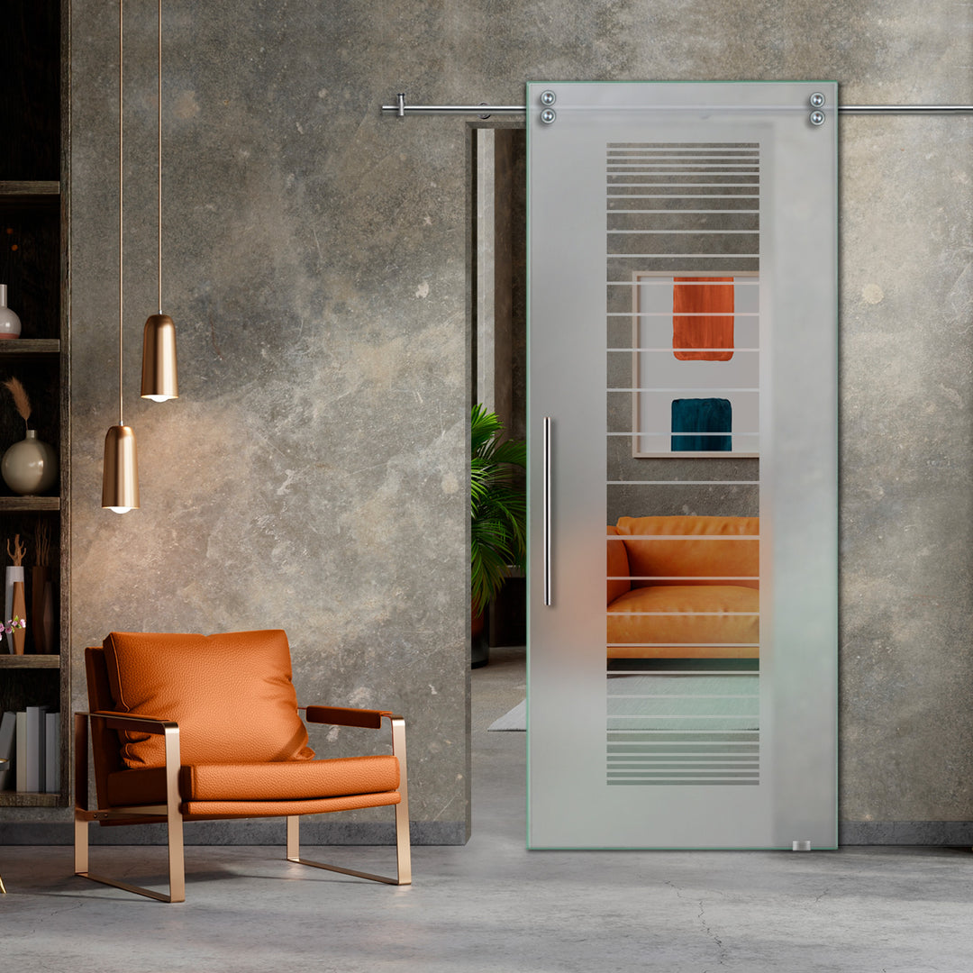 SLIDING GLASS BARN DOOR WITH FROSTED DESIGNS V2000 SGF1 - 0647 - DoorDiscounter