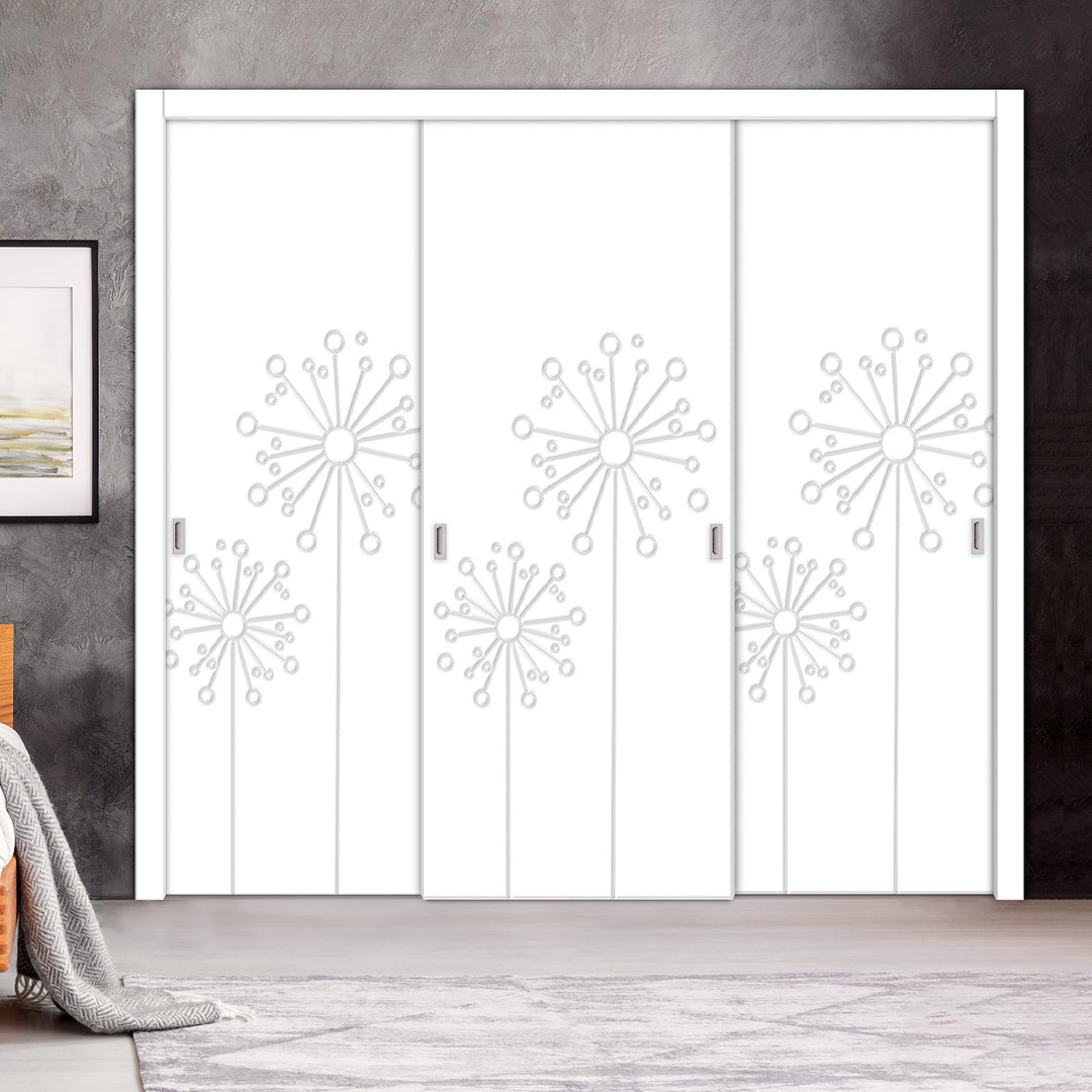 3 Leaf Bypass Sliding Closet Door with Modern Engraved Design & Hardware Kit 3SCD- 0127 - DoorDiscounter
