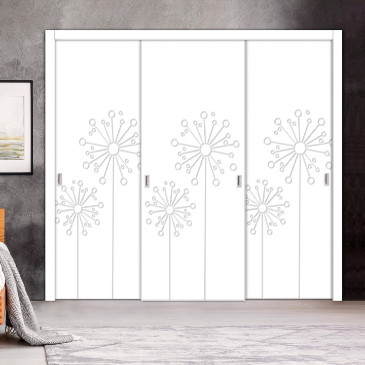 3 Leaf Bypass Sliding Closet Door with Modern Engraved Design & Hardware Kit 3SCD- 0127 - DoorDiscounter