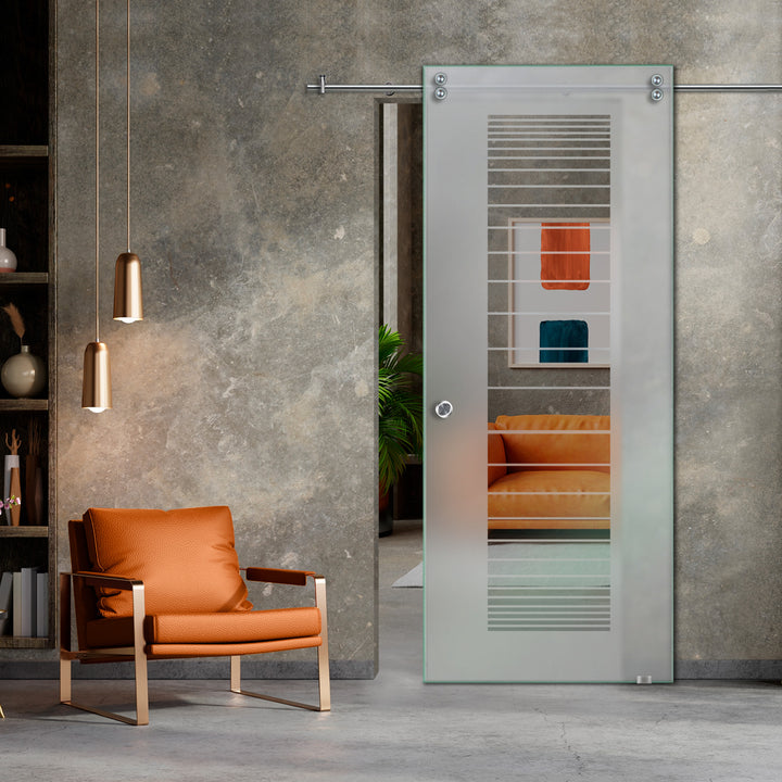 SLIDING GLASS BARN DOOR WITH FROSTED DESIGNS V2000 SGF1 - 0647 - DoorDiscounter