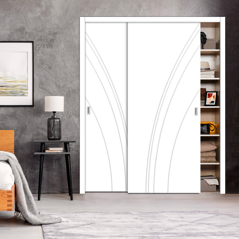 2 Leaf Bypass Sliding Closet Door with Modern Engraved Design & Hardware Kit 2SCD -0023 - DoorDiscounter