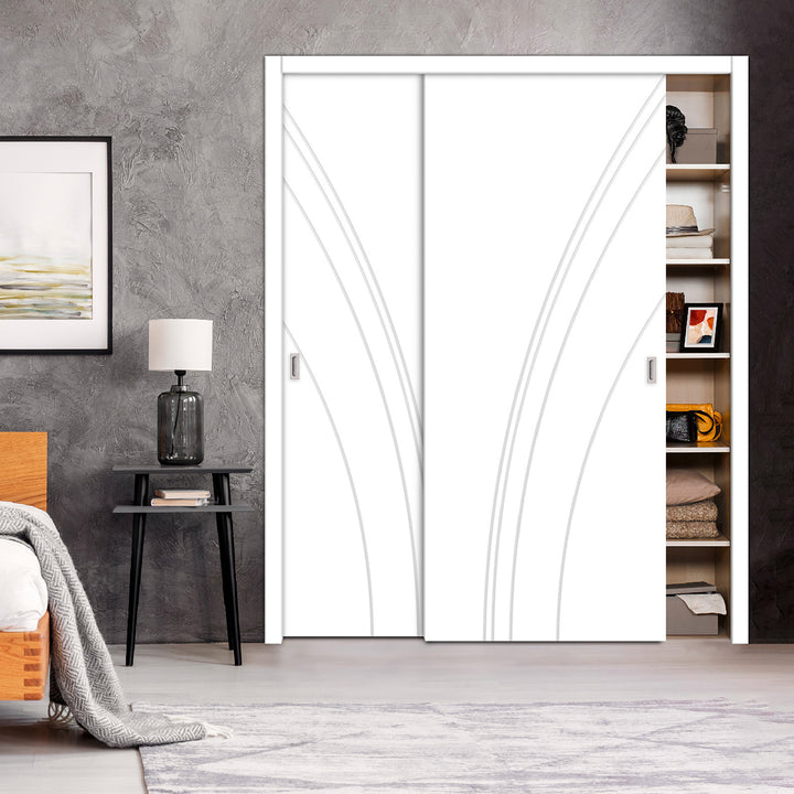 2 Leaf Bypass Sliding Closet Door with Modern Engraved Design & Hardware Kit 2SCD -0023 - DoorDiscounter