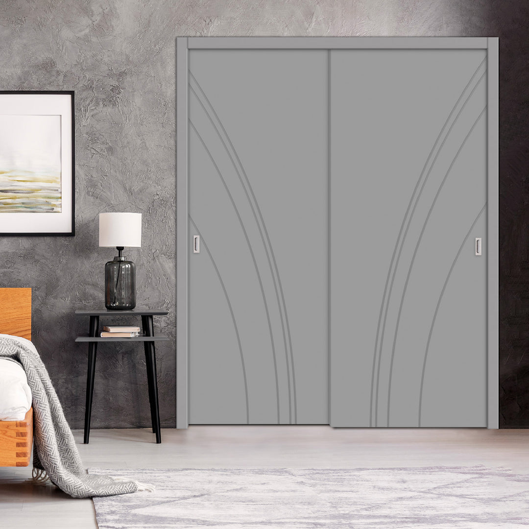 2 Leaf Bypass Sliding Closet Door with Modern Engraved Design & Hardware Kit 2SCD -0023 - DoorDiscounter