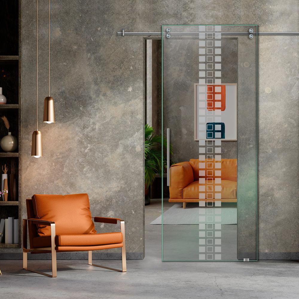 SLIDING GLASS BARN DOOR WITH FROSTED DESIGNS V2000 SGF1 - 0649 - DoorDiscounter