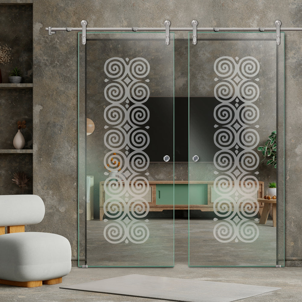 DOUBLE GLASS SLIDING BARN DOOR WITH DESIGN V1000 DSBD - 1697 - DoorDiscounter