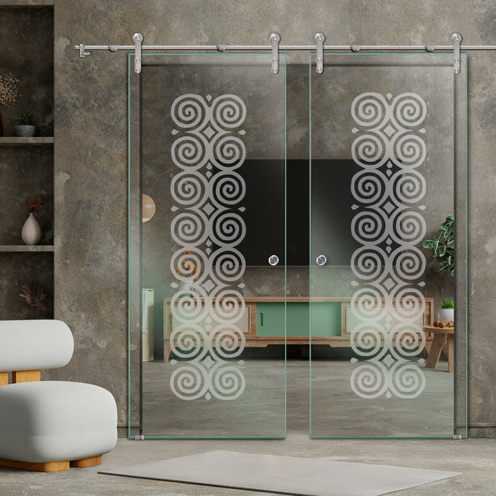 DOUBLE GLASS SLIDING BARN DOOR WITH DESIGN V1000 DSBD - 1697 - DoorDiscounter