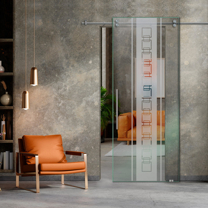 SLIDING GLASS BARN DOOR WITH FROSTED DESIGNS V2000 SGF1 - 0651 - DoorDiscounter