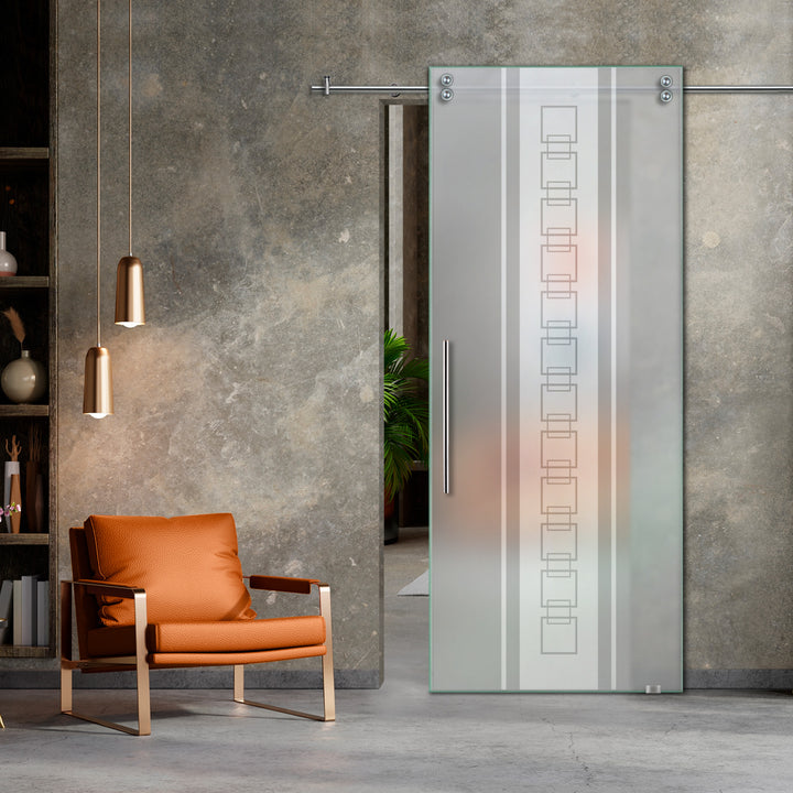 SLIDING GLASS BARN DOOR WITH FROSTED DESIGNS V2000 SGF1 - 0651 - DoorDiscounter