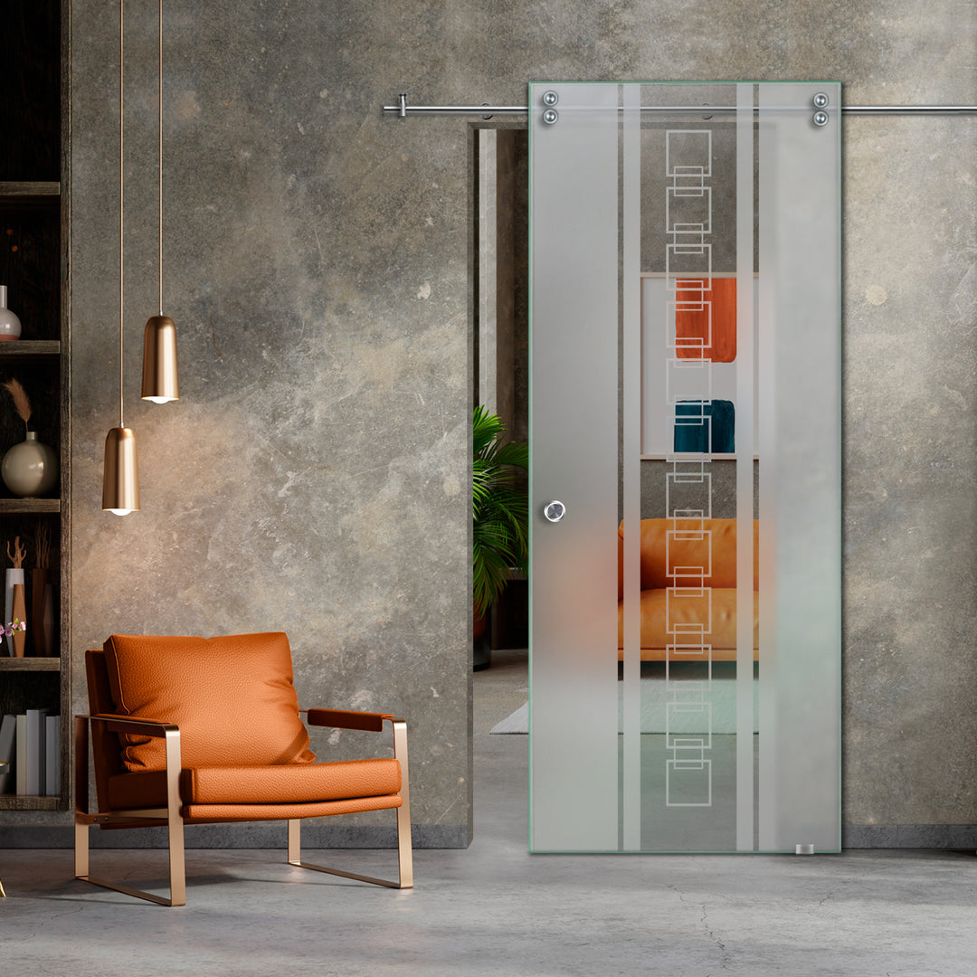 SLIDING GLASS BARN DOOR WITH FROSTED DESIGNS V2000 SGF1 - 0651 - DoorDiscounter