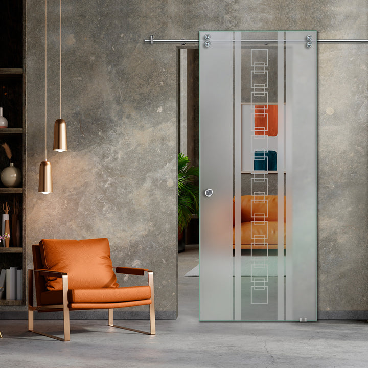 SLIDING GLASS BARN DOOR WITH FROSTED DESIGNS V2000 SGF1 - 0651 - DoorDiscounter
