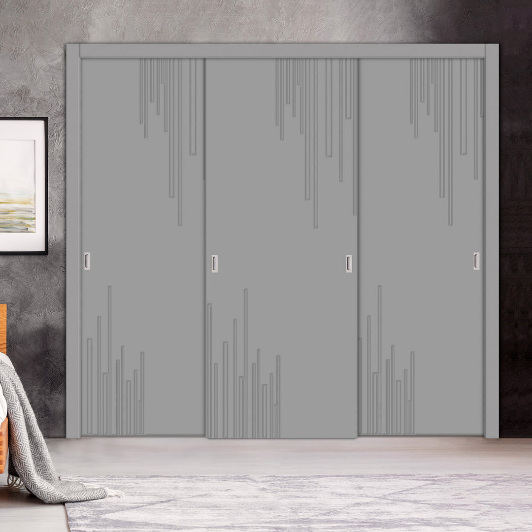 3 Leaf Bypass Sliding Closet Door with Modern Engraved Design & Hardware Kit 3SCD- 0132 - DoorDiscounter